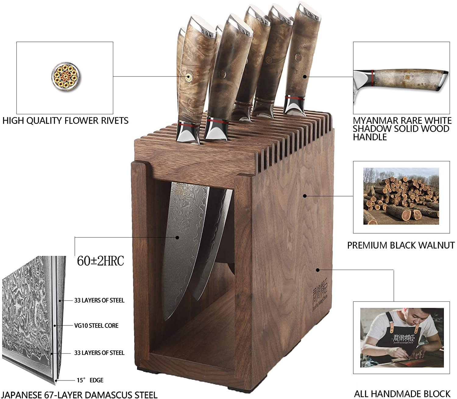 Kitchen Damascus Knife Set Japanese VG-10 Steel Knives Block Set Shadow Wood Handle for Chef Knife Set High Carbon Core Stainless Steel Full Tang Kitchen Knife Set with Block High End (8 Piece)