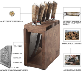 Kitchen Damascus Knife Set Japanese VG-10 Steel Knives Block Set Shadow Wood Handle for Chef Knife Set High Carbon Core Stainless Steel Full Tang Kitchen Knife Set with Block High End (8 Piece)