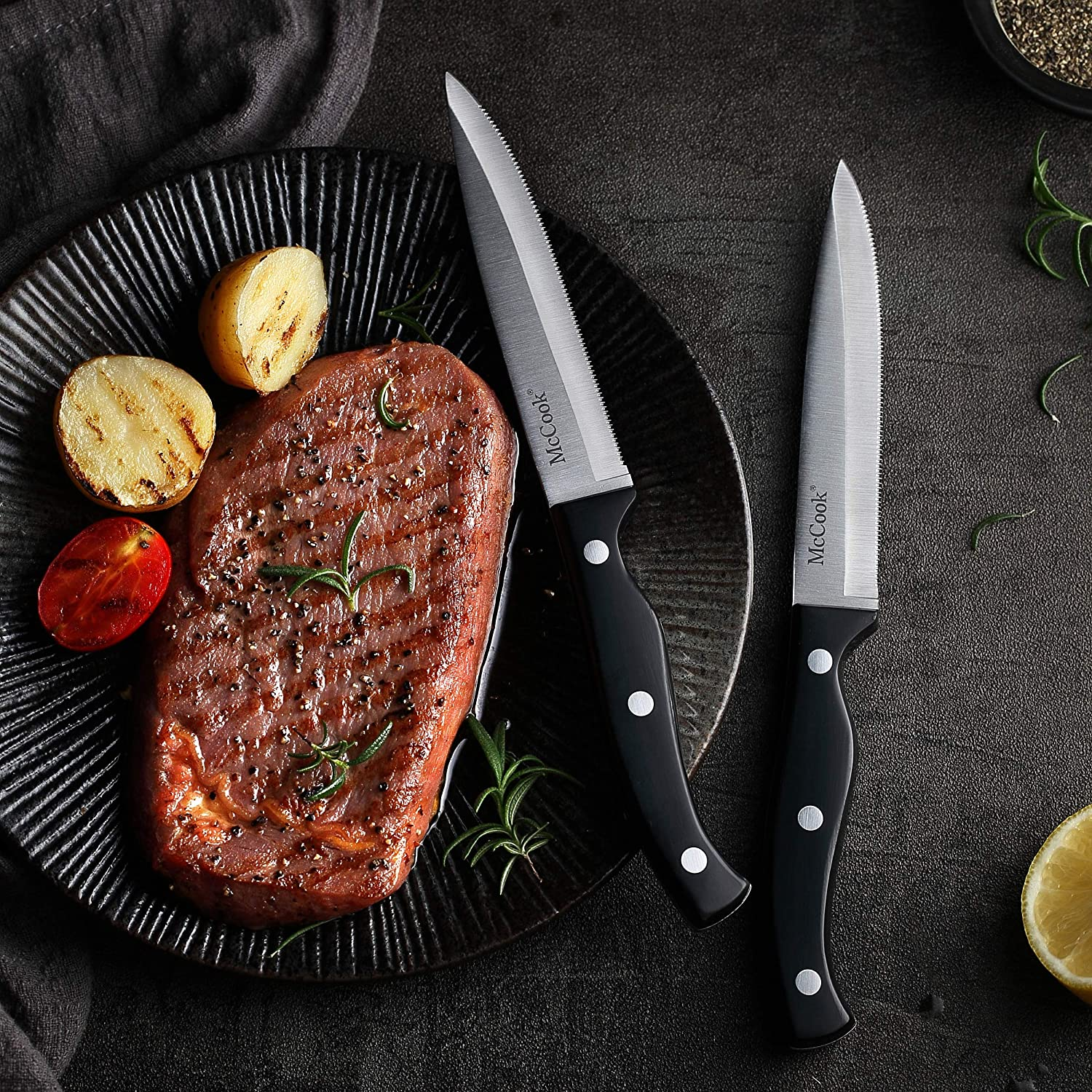 Mccook MC25A Knife Sets,15 Pieces German Stainless Steel Kitchen Knife Block Set with Built-In Sharpener