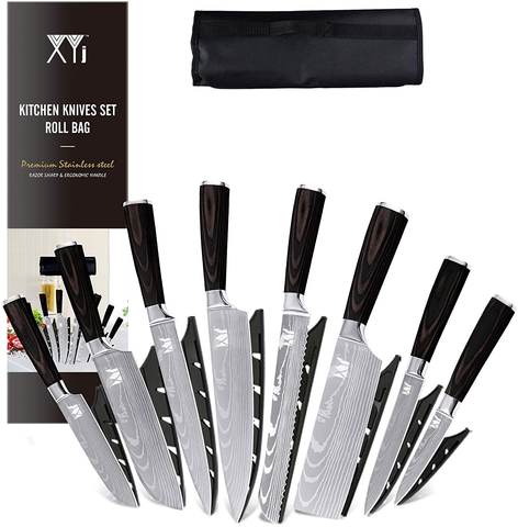 Image of XYJ Stainless Steel Kitchen Knives Set 8 Piece Chef Knife Set with Carry Case Bag & Sheath Well Balance Ergonomic Handle