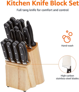 Amazon Basics 18-Piece Premium Kitchen Knife Block Set, High-Carbon Stainless Steel Blades with Pine Wood Knife Block