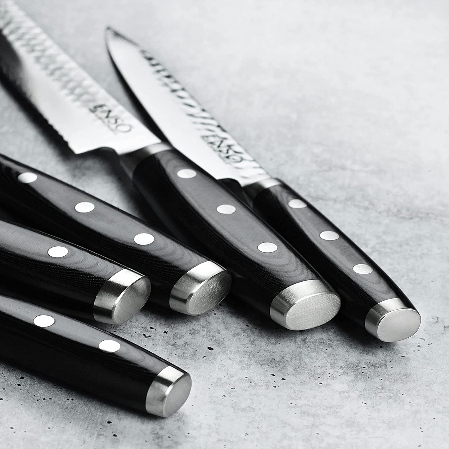 Enso Knife Set - Made in Japan - HD Series - VG10 Hammered Damascus Japanese Stainless Steel with Slim Acacia Knife Block - 7 Piece