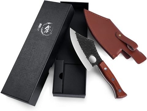 Purple Dragon Meat Cleaver Boning Knife Hand Forged Butcher Chef Knife Fillet Knife High Carbon Steel Full Tang with Leather Sheath Outdoor Knife for Kitchen Camping BBQ
