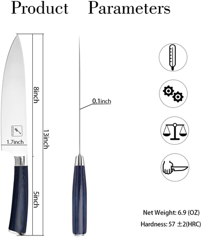 Image of Imarku Chef Knife - Pro Kitchen Knife 8 Inch Chef'S Knives High Carbon German Stainless Steel Sharp Paring Knife with Ergonomic Handle (Blue Handle)
