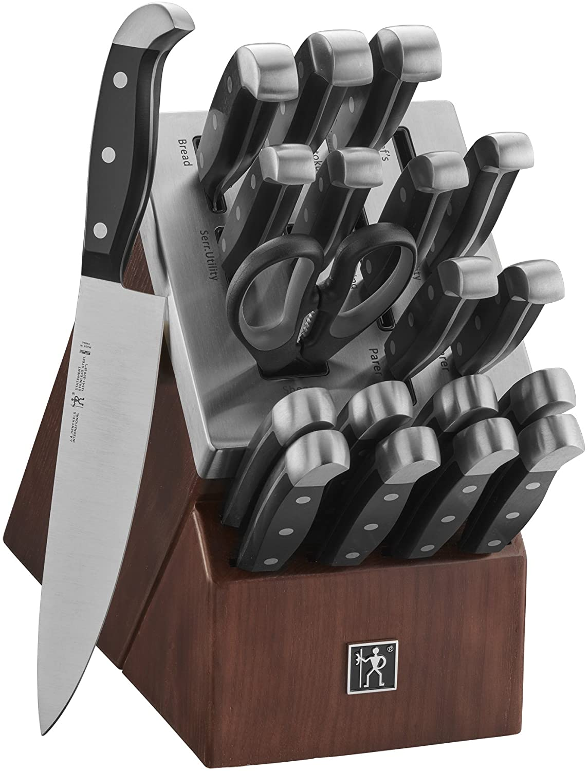HENCKELS Statement 20-Pc Self-Sharpening Knife Set with Block, Chef Knife, Paring Knife, Utility Knife, Bread Knife, Steak Knife Set, Dark Brown, Stainless Steel