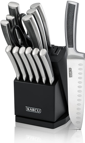 Knife Set, 14-Piece German Steel Kitchen Knife Block Sets with Built-In Sharpener, Rotating Block