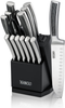 Knife Set, 14-Piece German Steel Kitchen Knife Block Sets with Built-In Sharpener, Rotating Block