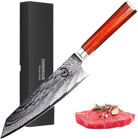 Image of Chef Knife 8 Inch, Fukep Ultra Sharp Damascus Chef Knife AUS10 Core Steel 72 Layers High Carbon Steel Japanese Kitchen Knife Ergonomic Mahogany Handle Kitchen Gifts