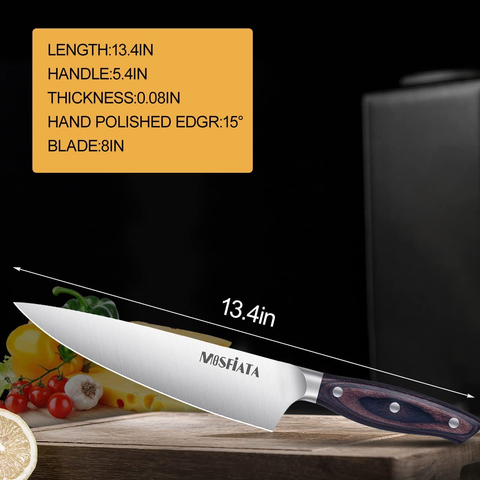 Image of Mosfiata Chef Knife 8 Inch Kitchen Cooking Knife, 5Cr15Mov High Carbon Stainless Steel Sharp Knife with Ergonomic Pakkawood Handle, Full Tang Vegetable Meat Cutting Knife with Sheath for Home Kitchen