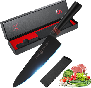 TUO Chef Knife 8" - Japanese Gyuto Knife Super Sharp Chefs Knives Black Titanium Coated Blade - Premium AUS-8 Stainless Steel Ergonomic Pakkawood Handle - Dark Knight Series with Sheath & Gift Box
