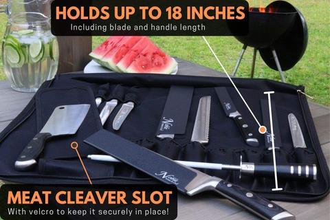 Image of Chef’S Knife Roll Bag (14 Slots) Holds 10 Knives plus Meat Cleaver, Utility Pocket, and 4 Tasting Spoons! Our Durable Knife Carrier Includes Shoulder Strap and Name Card Holder. (Knives Not Included)