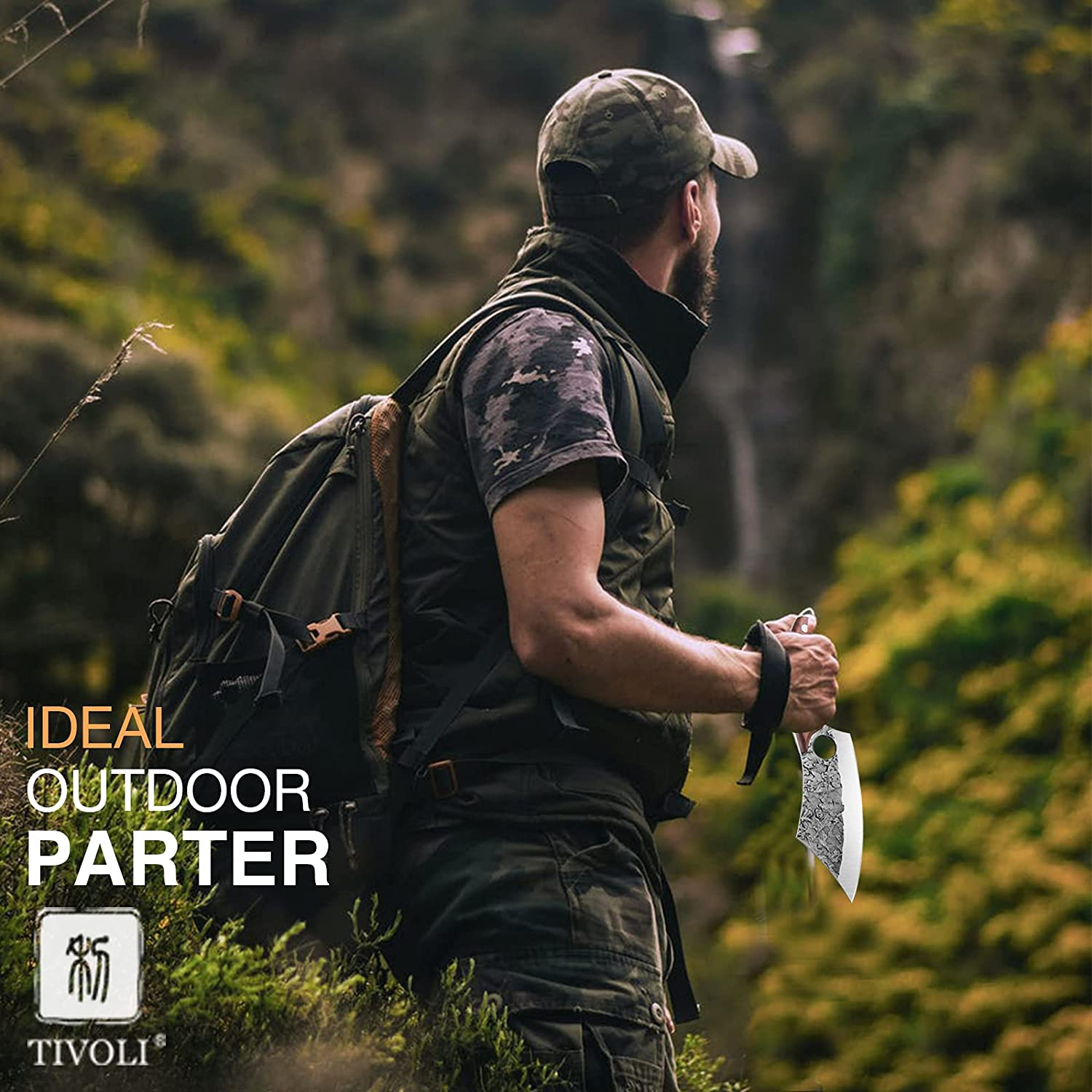 TIVOLI Meat Cleaver Knife Hand Forged Kitchen Knife Full Tang Boning Knife with Sheath Carbon Steel Chef Knife Butcher Knife for Home, Outdoor, Camping