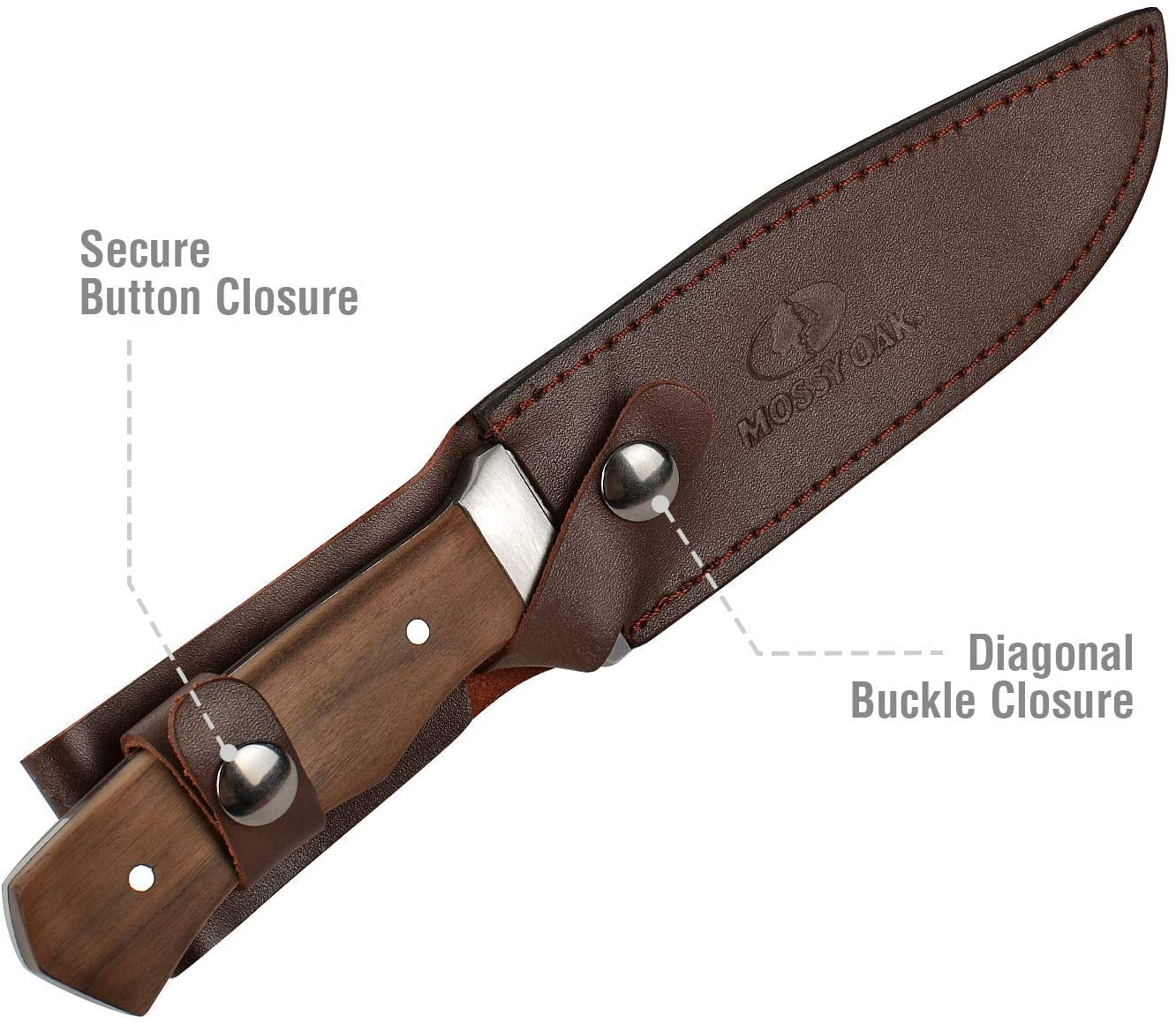 MOSSY OAK 11-Inch Full-Tang Fixed Blade Knife with Leather Sheath, Clip Point Blade and Wood Handle, for Outdoor Survival, Camping