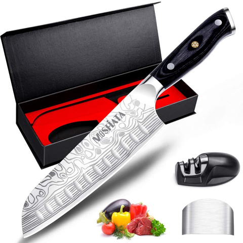 Image of Mosfiata 7" Santoku Knife Chef Cutting Knife for Cooking with Finger Guard and Knife Sharpener, German High Carbon Stainless Steel EN.4116 Kitchen Chopping Knife with Micarta Handle and Gift Box