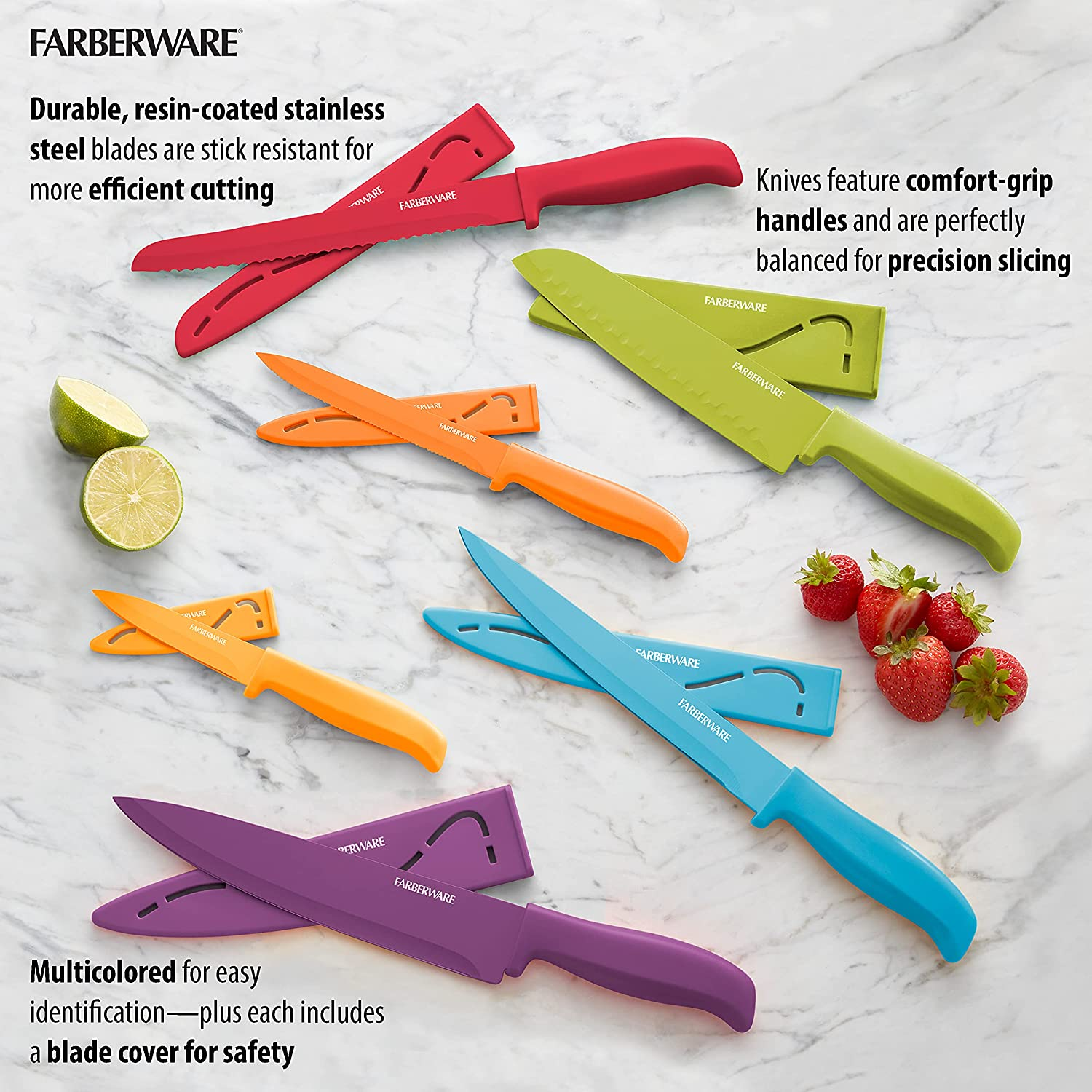 Farberware 12-Piece Non-Stick Resin Cutlery Knife Set, Multicolor