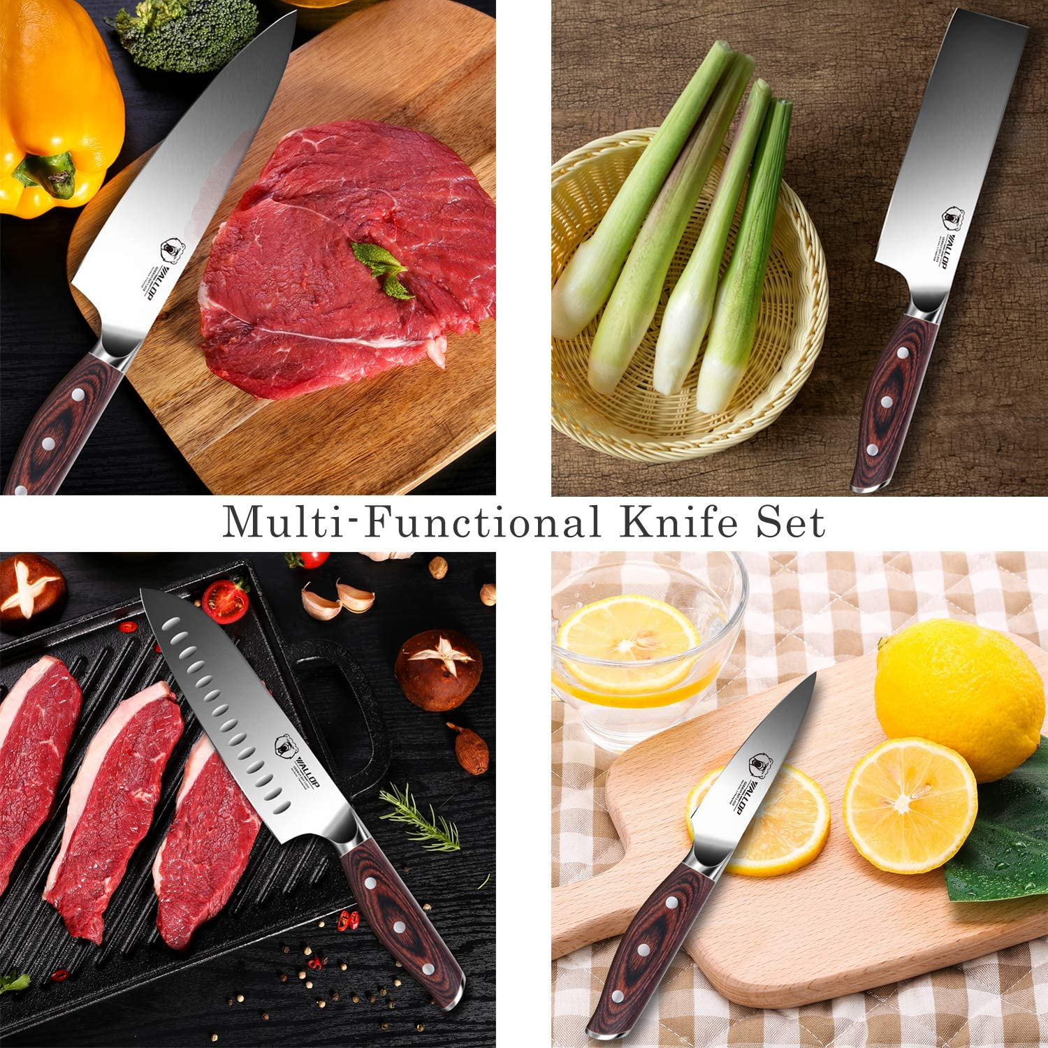 WALLOP Kitchen Knife Set - 7 Piece Knife Set with Wooden Block - German 1.4116 HC Steel Kitchen Sets - Triple Rivet Pakkawood Handle Professional Sharp Knife Block Set - Jane Series