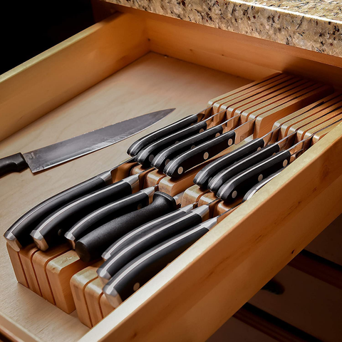 Image of In-Drawer Bamboo Knife Block - Holds 14 Knives plus a Slot for Your Knife Sharpener, Premium Knife Drawer Organizer, Perfect Knife Organizer Drawer Insert or Drawer Knife Holder (2" Tall, 17" Deep)
