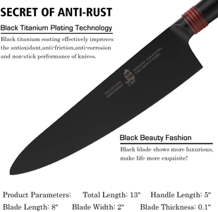 TUO Chef Knife 8" - Japanese Gyuto Knife Super Sharp Chefs Knives Black Titanium Coated Blade - Premium AUS-8 Stainless Steel Ergonomic Pakkawood Handle - Dark Knight Series with Sheath & Gift Box