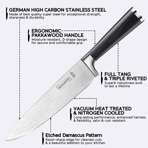MICHELANGELO Professional Chef Knife 8 Inch Pro, German High Carbon Stainless Steel Knife with Ergonomic Handle, Japanese Knife, Chef Knife for Kitchen - 8 Inch, Etched Damascus Pattern