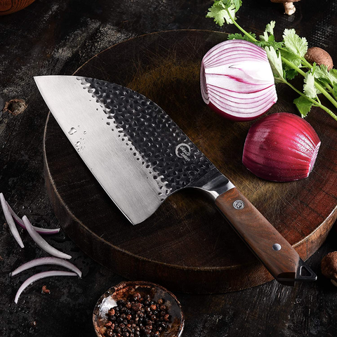 Image of [Full Tang]Butcher Knife Handmade Forged Kitchen 8” Chef Knife Grandsharp Pro Razor Sharp Serbian Clad High Carbon Steel Vegetable Chopping Cutting Meat Cleaver with Leather Sheath-Ebony Wood Handle