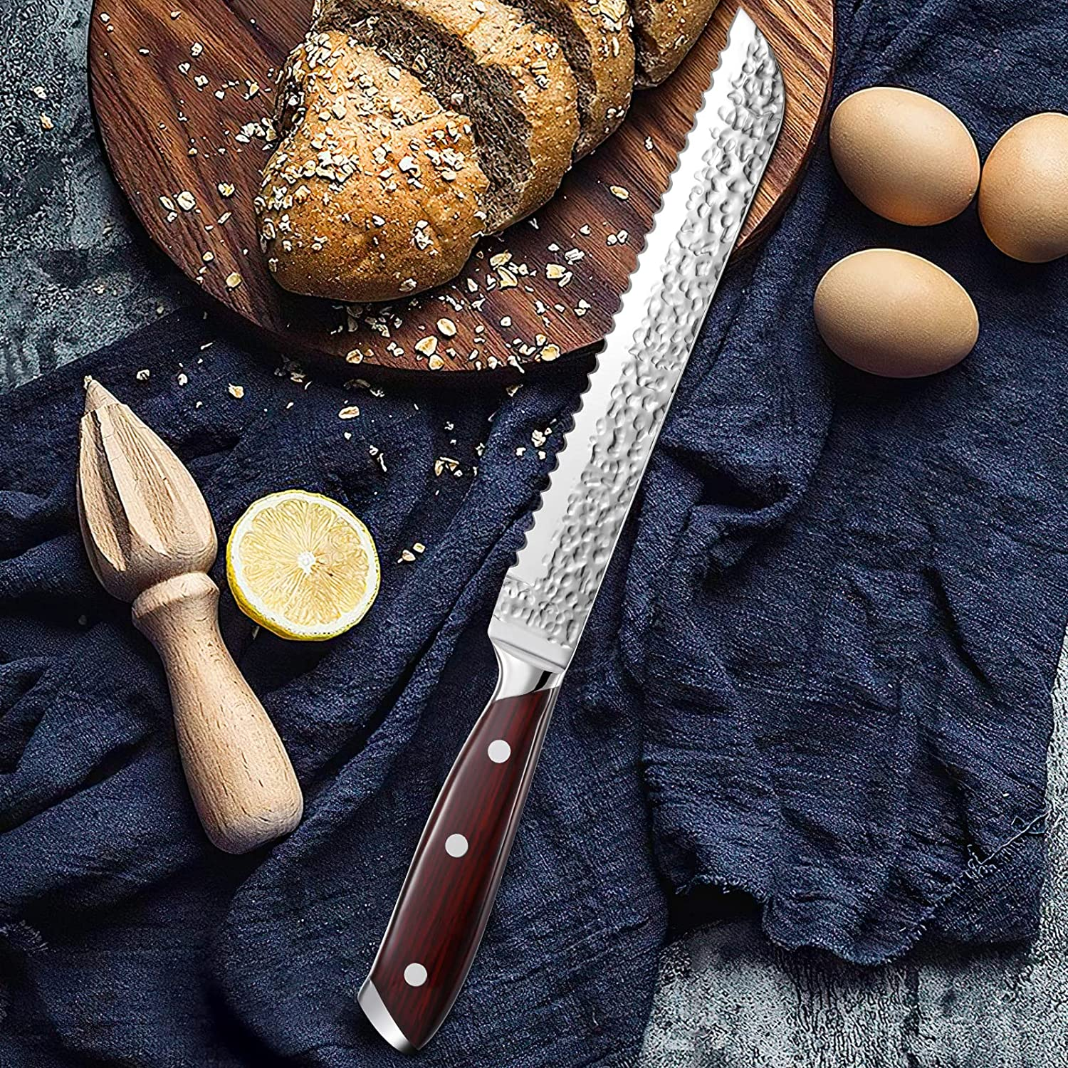 Knife Set, Karcu Kitchen Knife Set with Block, 15-Piece German High Carbon Steel with Acrylic Handle, Rotating Acacia Block