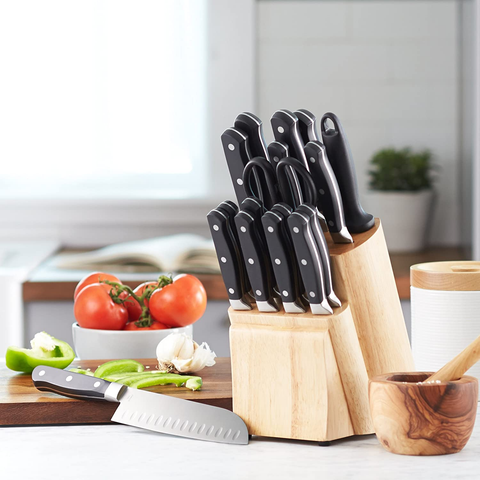 Image of Amazon Basics 18-Piece Premium Kitchen Knife Block Set, High-Carbon Stainless Steel Blades with Pine Wood Knife Block