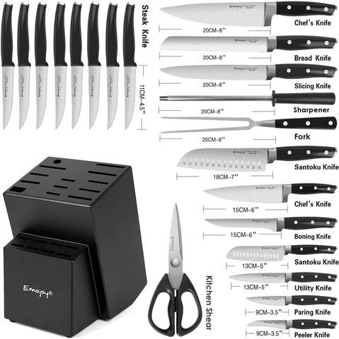 Image of Knife Set with Block, 22 Pcs Kitchen Knife Set with Sharpener Black, German Stainless Steel Knives Set with Carving Fork Steak Knives, High Carbon Full Tang Knives Set