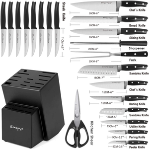 Knife Set with Block, 22 Pcs Kitchen Knife Set with Sharpener Black, German Stainless Steel Knives Set with Carving Fork Steak Knives, High Carbon Full Tang Knives Set