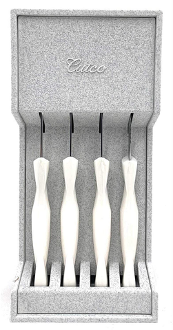 Image of CUTCO Model 1864 Set of Four White (Pearl) #1759 Table Knives plus #1745 Tray........................Knives Have 3.4" Double-D® Serrated Edge Blades and 5" Handles.............Knives Are in Factory Sealed Plastic Bags.