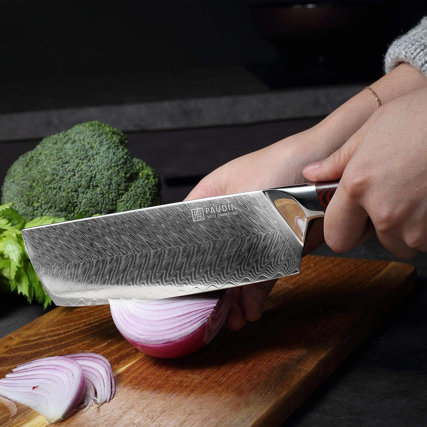 PAUDIN Damascus Nakiri Knife - 7 Inch Ultra Sharp VG10 Vegetable Knife, Beautiful Plume Pattern Kitchen Knife with Ergonomic G10 Handle, Superb Edge Retention