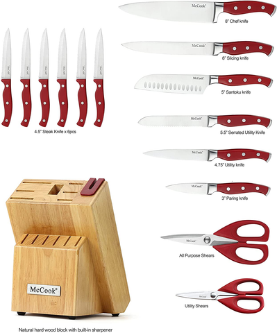 Image of Mccook MC24 15 Pieces Stainless Steel Kitchen Knife Sets with Wooden Block, Kitchen Scissors and Built-In Sharpener, Red