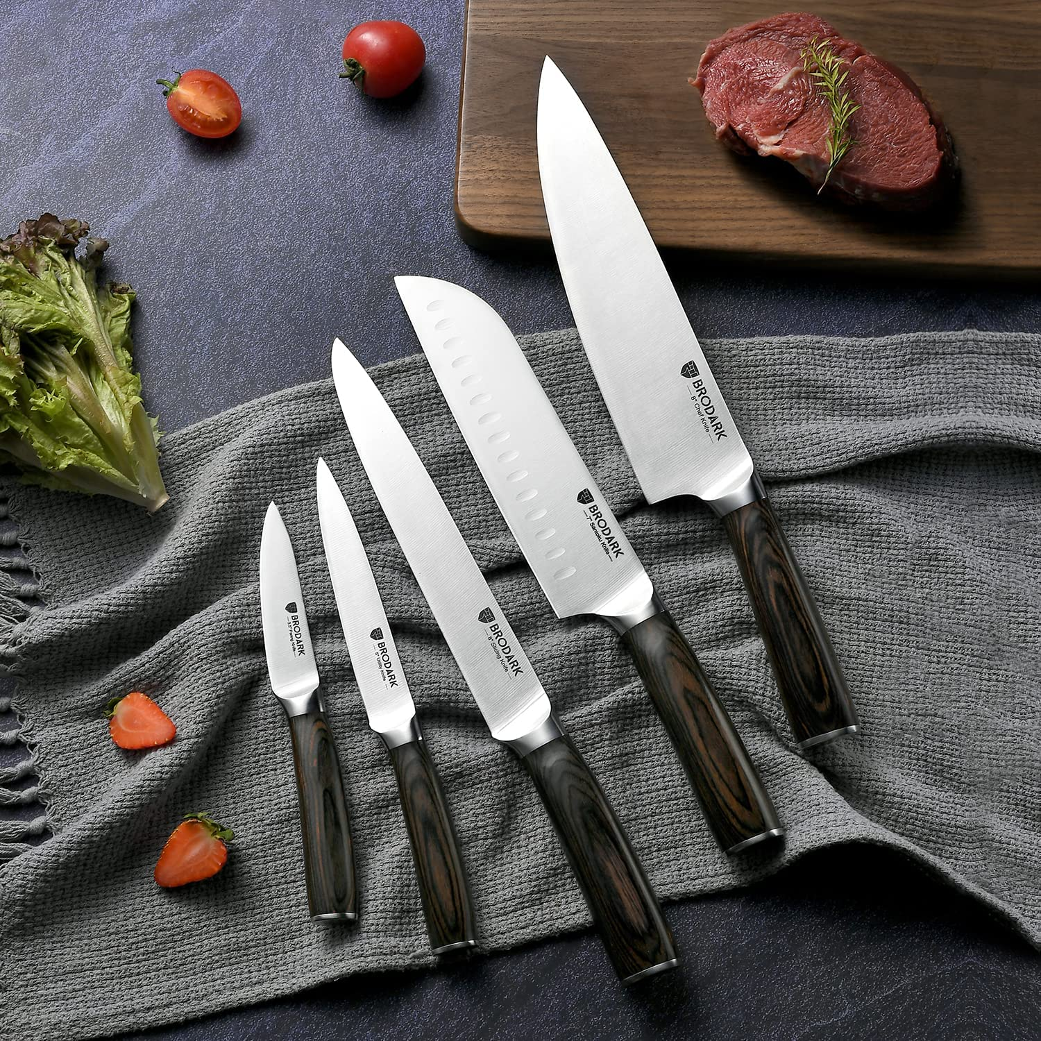 BRODARK Kitchen Knife Set with Block, Ultra Sharp 15 PCS German Stainless Steel Professional Chef Knife Set with 2 Stage Knife Sharpener, Ergonomic Handle Full Tang Forged Gift with Premium Box