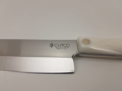 Image of Model 1728 CUTCO White (Pearl) Petite Chef Knife in Factory-Sealed Plastic Bag. 7.75” High Carbon Stainless Blade and 5.5” Handle.