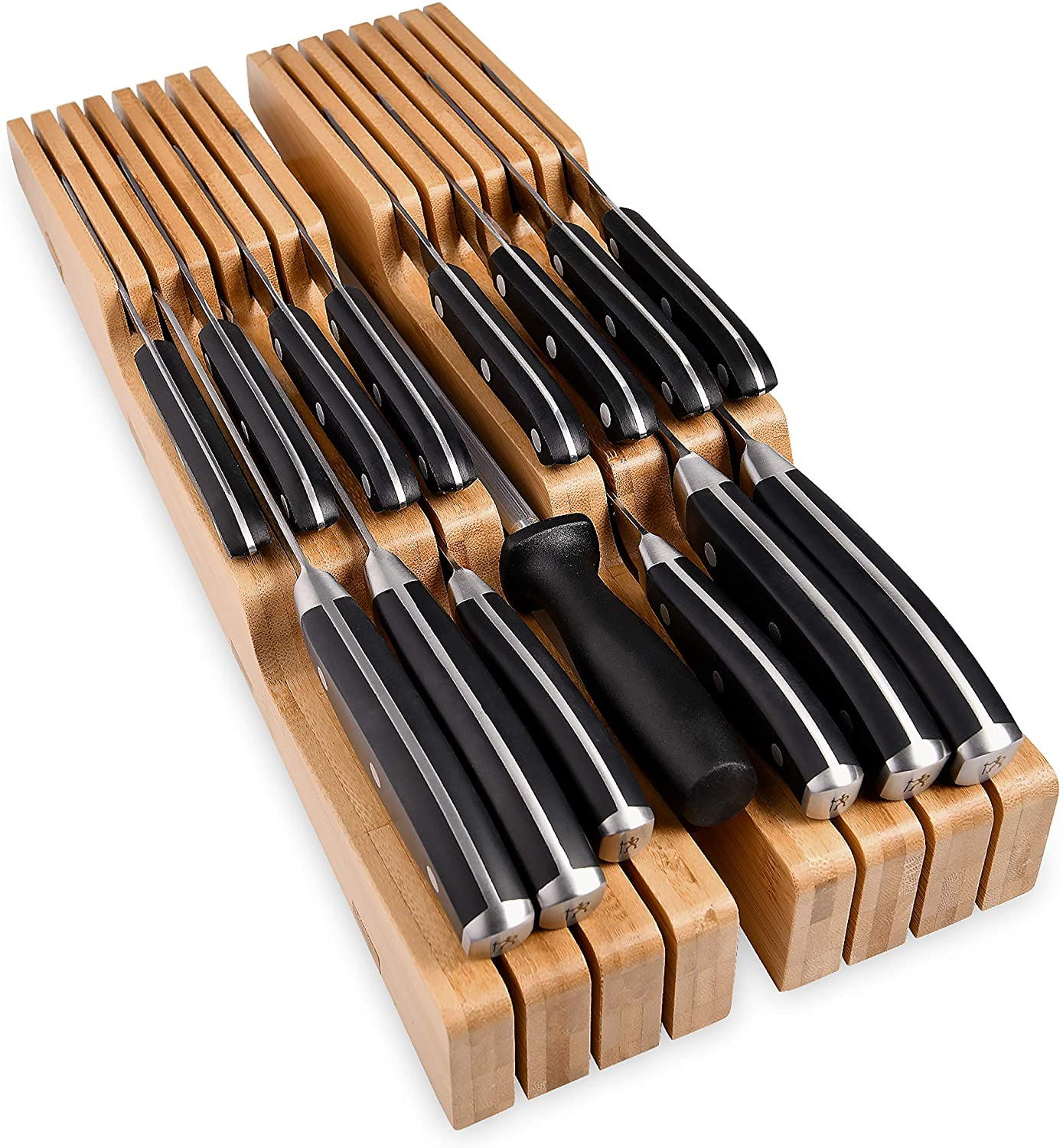 In-Drawer Bamboo Knife Block - Holds 14 Knives plus a Slot for Your Knife Sharpener, Premium Knife Drawer Organizer, Perfect Knife Organizer Drawer Insert or Drawer Knife Holder (2" Tall, 17" Deep)