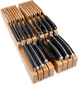 In-Drawer Bamboo Knife Block - Holds 14 Knives plus a Slot for Your Knife Sharpener, Premium Knife Drawer Organizer, Perfect Knife Organizer Drawer Insert or Drawer Knife Holder (2" Tall, 17" Deep)
