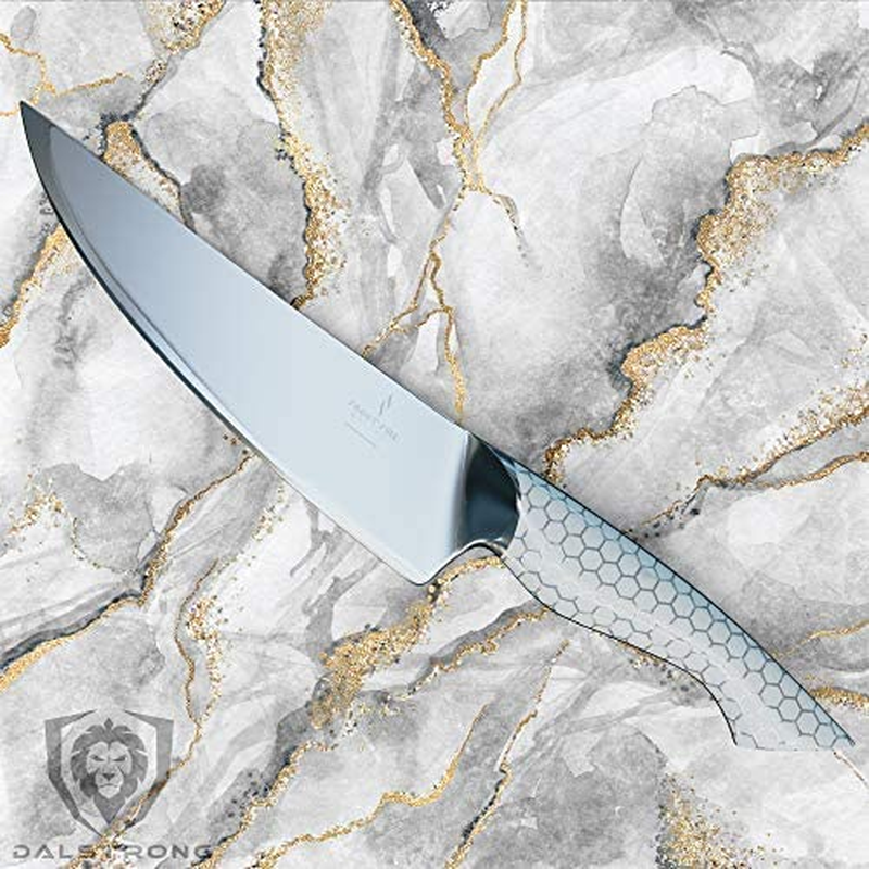 DALSTRONG Chef Knife - 8 Inch - Frost Fire Series - High-Chromium 10CR15MOV Stainless Steel Kitchen Knife - Sand Blasted Frosted Finish - White Honeycomb Handle - Sheath - NSF Certified