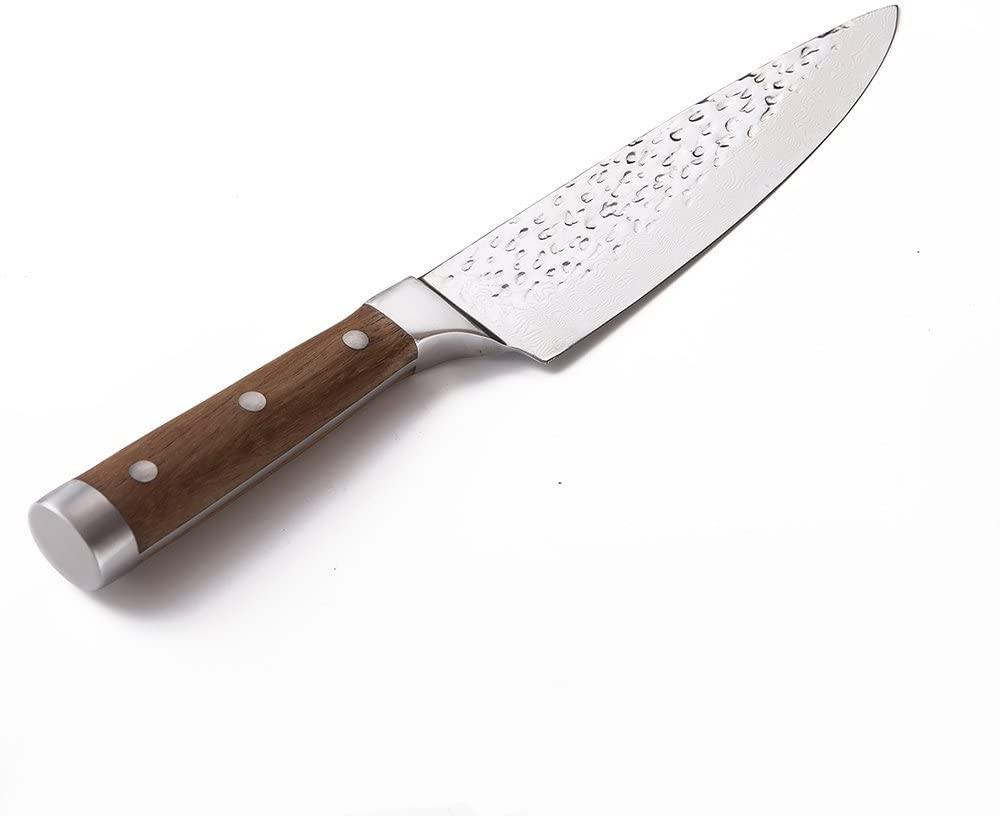 BGT Japanese 67 Layer High Grade VG-10 Super Damascus Steel Knives, Sharp, Teak Handle Professional Hammered Kitchen Knife Set with Knife Roll Bag 6Pcs Set (Silver Blade)