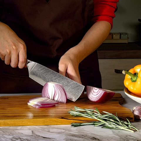 Image of PAUDIN Damascus Nakiri Knife - 7 Inch Ultra Sharp VG10 Vegetable Knife, Beautiful Plume Pattern Kitchen Knife with Ergonomic G10 Handle, Superb Edge Retention
