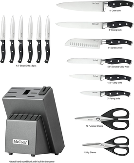 Mccook MC25A Knife Sets,15 Pieces German Stainless Steel Kitchen Knife Block Set with Built-In Sharpener