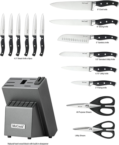 Image of Mccook MC25A Knife Sets,15 Pieces German Stainless Steel Kitchen Knife Block Set with Built-In Sharpener