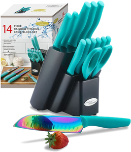 DISHWASHER SAFE KYA27 Rainbow Titanium Cutlery Knife Set, Marco Almond 14-Piece Kitchen Knives Block Sets, Teal