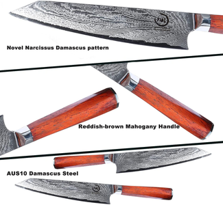 Chef Knife 8 Inch, Fukep Ultra Sharp Damascus Chef Knife AUS10 Core Steel 72 Layers High Carbon Steel Japanese Kitchen Knife Ergonomic Mahogany Handle Kitchen Gifts
