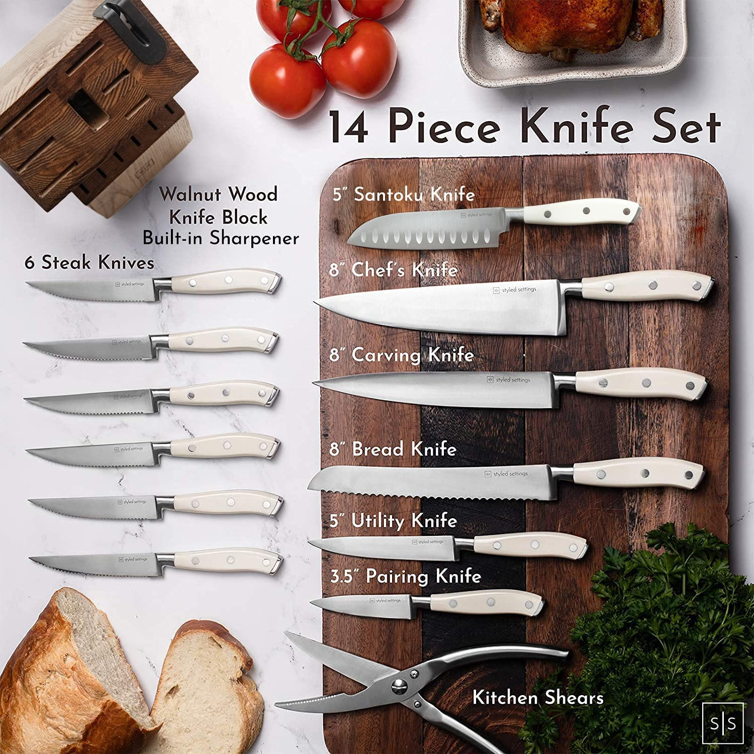 White Knife Set with Block - 14 Piece Forged Stainless Steel Triple Rivet White Kitchen Knife Set with Heavy Duty Kitchen Shears and Self Sharpening Knife Block Set