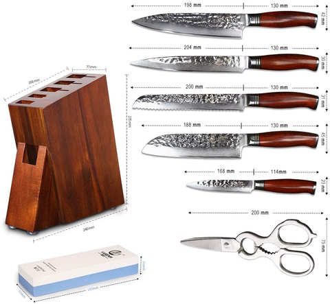 Image of Damascus Kitchen Knife Set with Block Wooden and Sharpener Stone- Yarenh Professional Chef Knife Set 8 Piece - Japanese High Carbon Stainless Steel - Galbergia Wood Handle - Gift Box Packaging