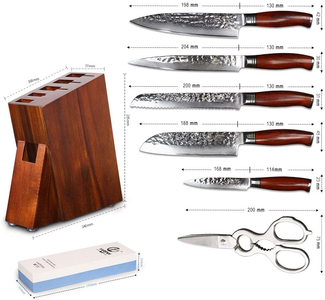 Damascus Kitchen Knife Set with Block Wooden and Sharpener Stone- Yarenh Professional Chef Knife Set 8 Piece - Japanese High Carbon Stainless Steel - Galbergia Wood Handle - Gift Box Packaging