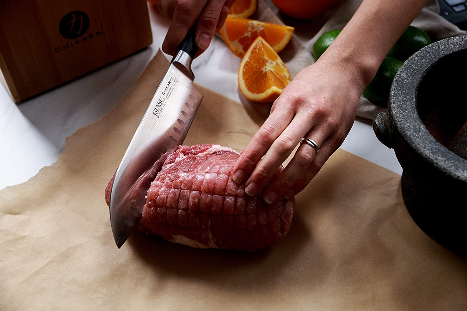 Ginsu Gourmet Chikara Series Forged 19-Piece Japanese Steel Knife Set – Cutlery Set with 420J Stainless Steel Kitchen Knives – Bamboo Finish Block, 07133DS