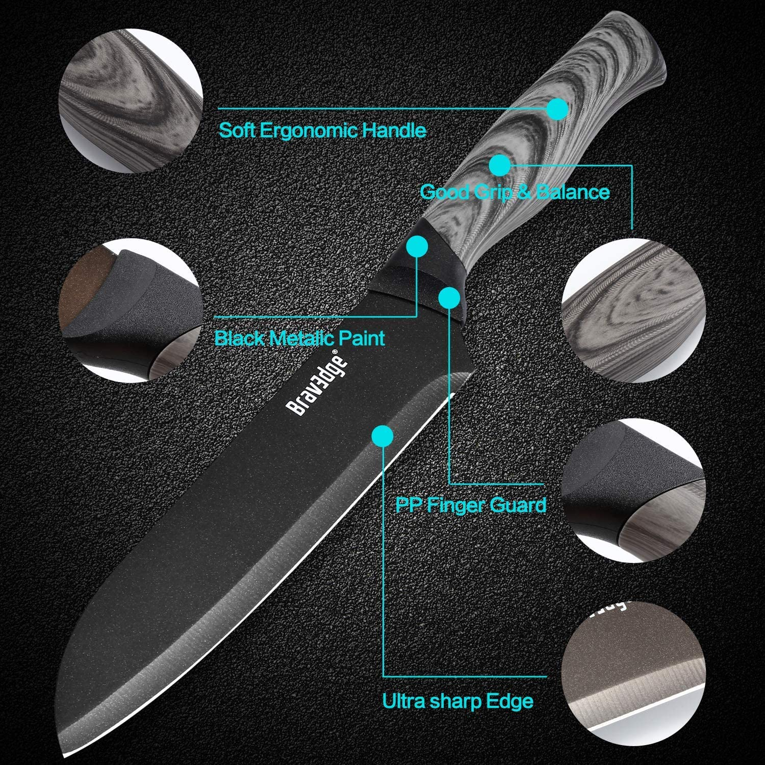 Bravedge Chef Knife 7'' Kitchen Knife, Professional Santoku Knife Cooking Knife, Ultra Sharp Stainless Steel Blade with Sheath, Ergonomic Handle Elegant Gift Box Great Gift Choice