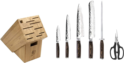 Image of Shun Premier 7-Piece Essential Block Set; Includes 8-Inch Chef’S Knife, 6.5-Inch Utility Knife, 4-Inch Paring Knife, 9-Inch Serrated Bread Knife, Herb Shears, Honing Steel and 11-Slot Knife Block