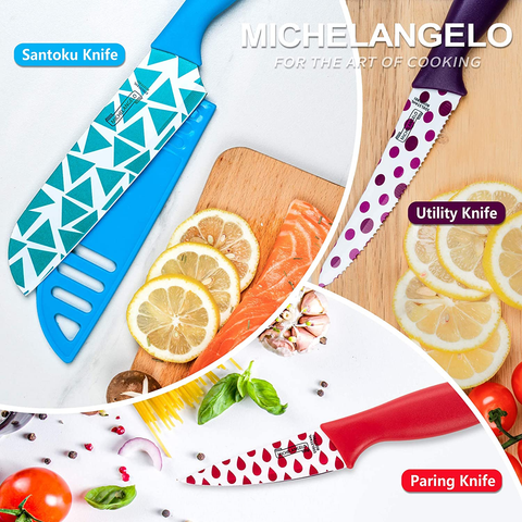 Image of MICHELANGELO Kitchen Knife Set 10 Piece, Knife Sets for Kitchen, High Carbon Stainless Steel Kitchen Knife Set, Colored Kitchen Knifes Set- 5 Knives & 5 Knife Sheath Covers