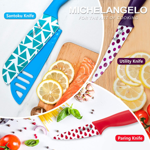 MICHELANGELO Kitchen Knife Set 10 Piece, Knife Sets for Kitchen, High Carbon Stainless Steel Kitchen Knife Set, Colored Kitchen Knifes Set- 5 Knives & 5 Knife Sheath Covers